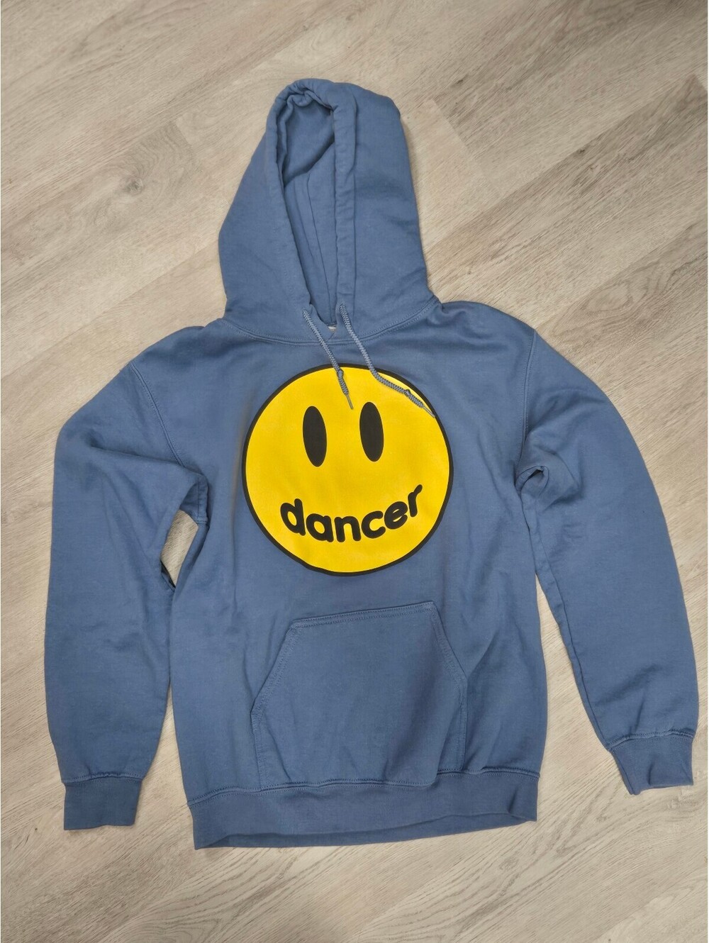 Gildan Dancer Smiley Face Hoodie Blue Yellow Graphic Sweatshirt Size Small